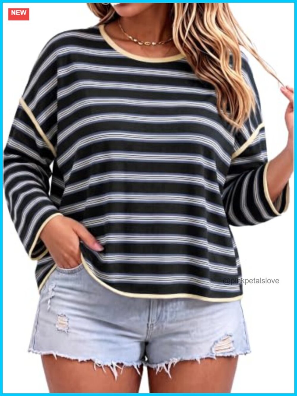 Womens Plus Size Striped Long Sleeve T-Shirt Color Block Boxy Fit Casual Top